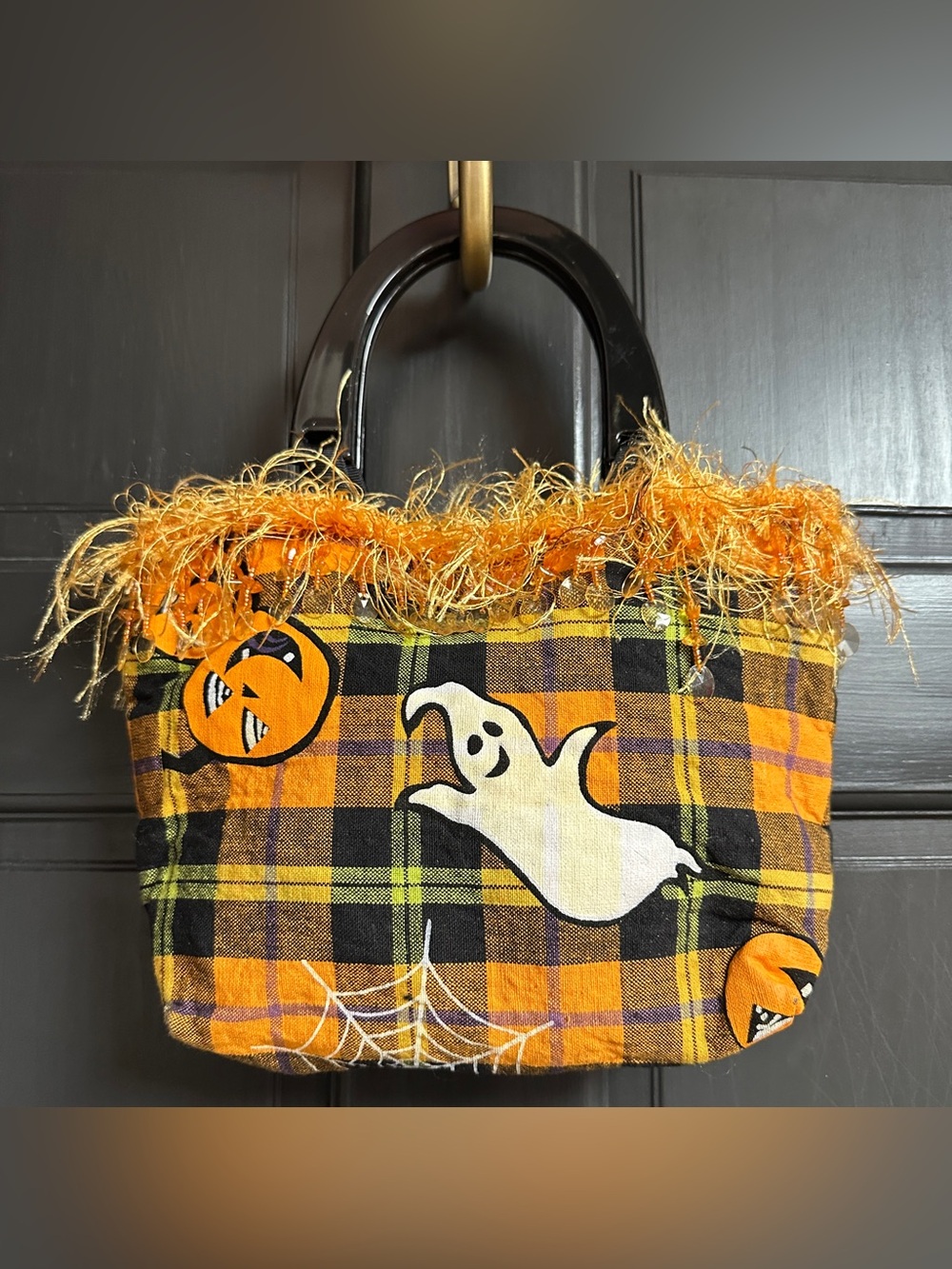 Halloween Handbag Orange/Black/Yellow Plaid Handmade with Hand-Painted Character